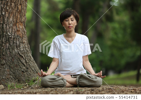 做瑜伽的婦女在森林 55414731