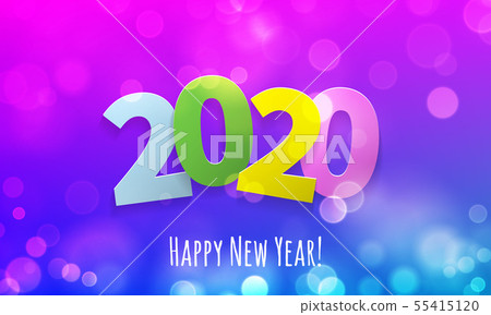 Happy New Year 2020 greeting card with vector bokeh lights of golden glitter and pink color for 55415120