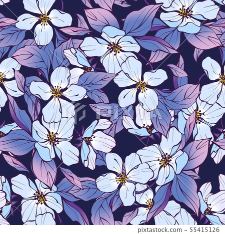 Floral pattern with blue flowers and leaves Floral pattern with blue flowers and leaves 55415126