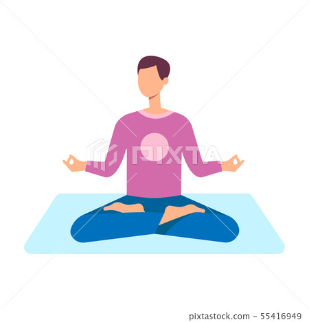 A young brunette man meditates in the lotus position on a yoga mat with crossed legs. A young brunette man meditates in the lotus position on a yoga mat with crossed legs. 55416949