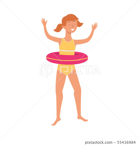 A girl jumping and smiling in a swimsuit and inflatable lifebuoy. A girl jumping and smiling in a swimsuit and inflatable lifebuoy. 55416984