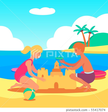 Caucasian children boy and girl play and build a sand castle on the beach by the sea. 55417074