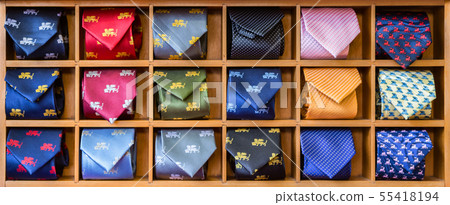 View of different colors ties in the showcase View of different colors ties in the showcase 55418194