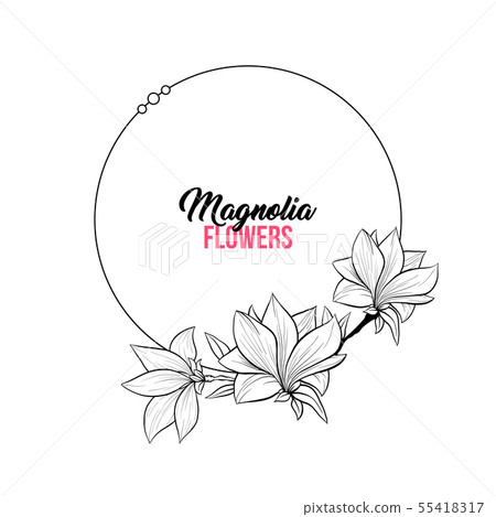 Magnolia Contour Drawing Branch Round Frame for Wedding Design Magnolia Contour Drawing Branch Round Frame for Wedding Design 55418317