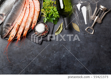 Fresh seafood. Trout fish and langostino shrimps Fresh seafood. Trout fish and langostino shrimps 55421373