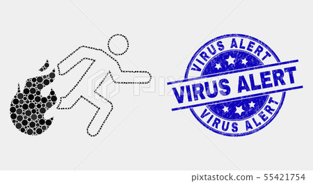 Vector Pixel Person Running Away from Fire Icon and Distress Virus Alert Seal 55421754