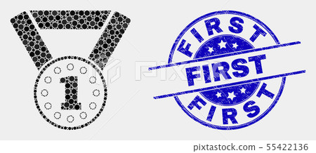 Vector Pixelated Gold Medal Icon and Distress First Stamp Seal 55422136