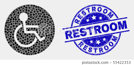 Vector Pixelated Wheelchair Person Icon and Grunge Restroom Watermark 55422353