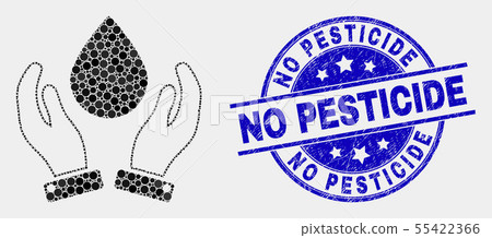 Vector Pixel Water Drop Care Hands Icon and Grunge No Pesticide Seal 55422366