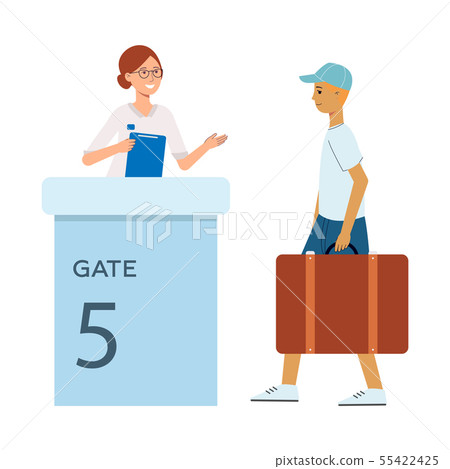 Young red haired tourist man with a suitcase passes to the gate at the airport. 55422425
