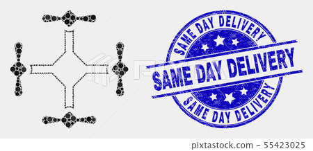 Vector Dotted Quadcopter Icon and Scratched Same Day Delivery Seal 55423025