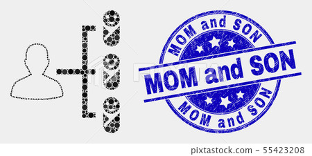 Vector Pixelated Newborn Parent Links Icon and Grunge Mom and Son Stamp 55423208