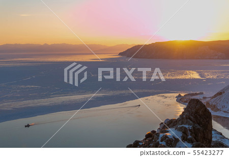 Scene of Lake Baikal in winter with sunset light. 55423277