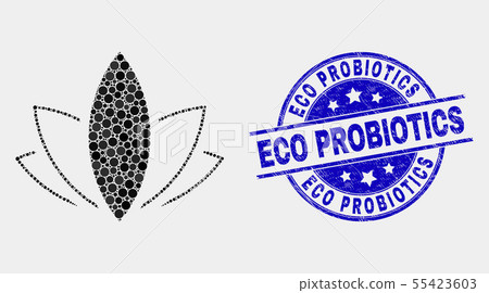 Vector Pixelated Lotus Icon and Distress Eco Probiotics Stamp Vector Pixelated Lotus Icon and Distress Eco Probiotics Stamp 55423603