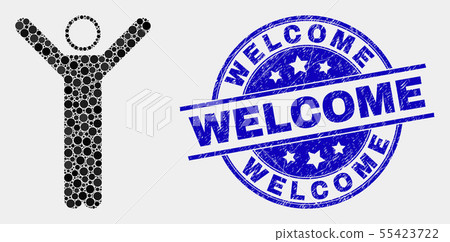 Vector Pixelated Hands up Person Icon and Distress Welcome Seal Vector Pixelated Hands up Person Icon and Distress Welcome Seal 55423722
