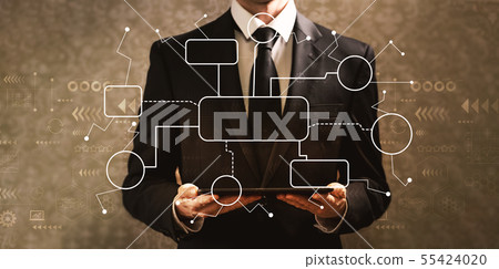 Flowchart with businessman holding a tablet computer 55424020