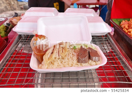 rice steamed with chicken at street food. rice steamed with chicken at street food. 55425834