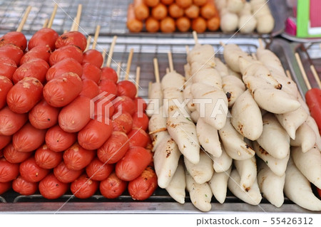 grilled meatball and sausages at street food 55426312