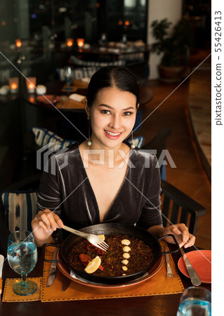 Asian Beautiful Woman have Dinner in luxury shop Asian Beautiful Woman have Dinner in luxury shop 55426413