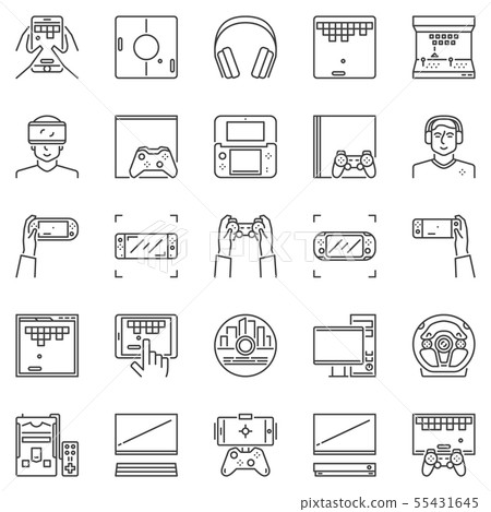 Video game outline vector icons set. PC, console concept signs Video game outline vector icons set. PC, console concept signs 55431645