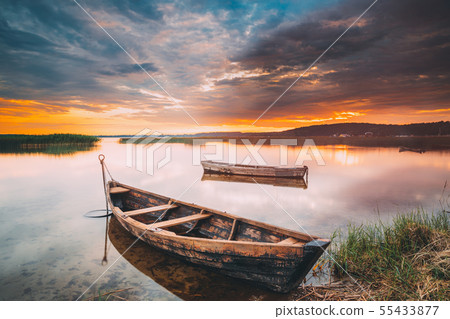Braslaw Or Braslau, Vitebsk Voblast, Belarus. Wooden Rowing Fishing Boats In Beautiful Summer Sunset 55433877