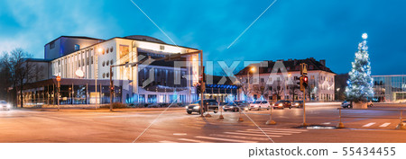 Parnu, Estonia. Panoramic View Of Endla Theatre, Christmas Tree On Central Square In Evening 55434455