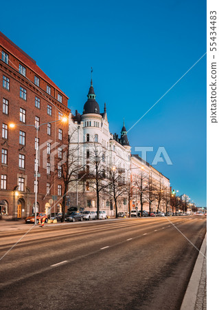 Helsinki, Finland. Pohjoisranta Street In Night Illumination 55434483