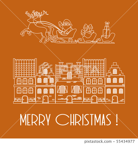 Christmas 2019 card Santa, gifts, houses. Christmas 2019 card Santa, gifts, houses. 55434977