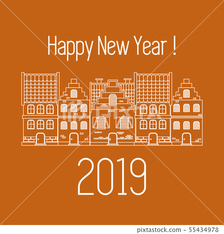 Happy New Year 2019 card Vector houses. Happy New Year 2019 card Vector houses. 55434978