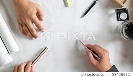 Architecture drawing on desk office. Top view shot 55436982