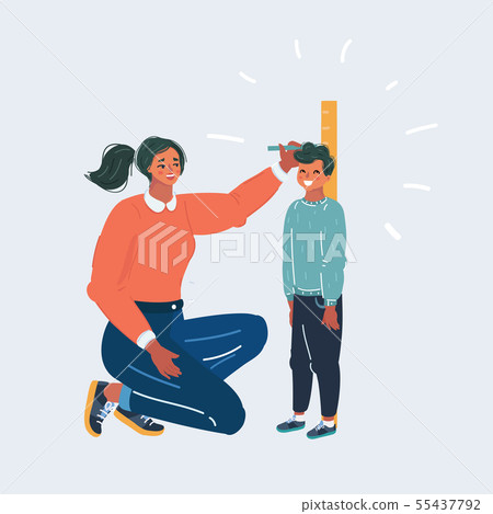 Mother measuring her sons height  55437792
