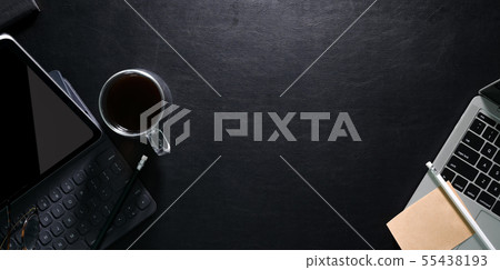 Top view of modern office black leather desk 55438193