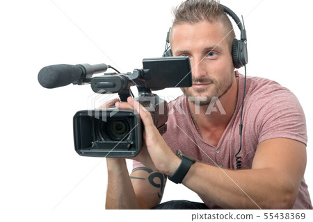 man with professional camcorder isolated on white 55438369
