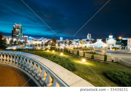 Minsk, Belarus. View Of Central District Nemiga, Pobediteley Avenue In Summer Evening Night Time 55439231
