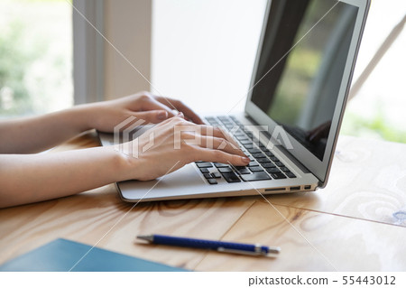 Woman's hand operating a laptop Woman's hand operating a laptop 55443012