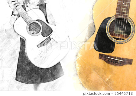 Acoustic Guitar in the foreground on Watercolor 55445718