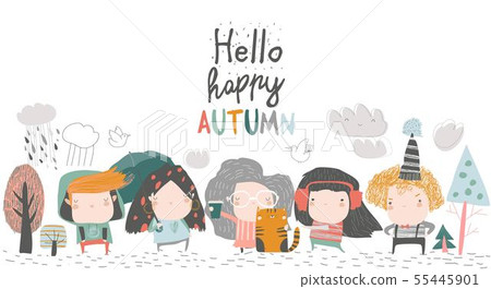 Cute children meeting autumn wearing warm clothes 55445901
