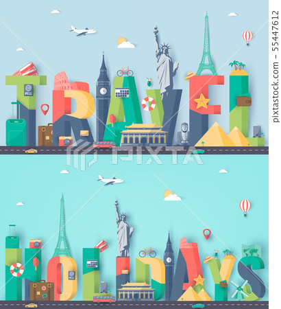 Travel composition with famous world landmarks. Travel and Tourism concept. Vector 55447612