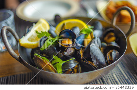 Steamed mussels in a pot. Delicious seafood plate. Steamed mussels in a pot. Delicious seafood plate. 55448339