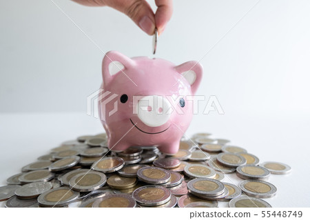 hand putting coin in pink piggy bank with coins hand putting coin in pink piggy bank with coins 55448749