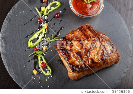 Steak on slate blackboard Steak on slate blackboard 55456306