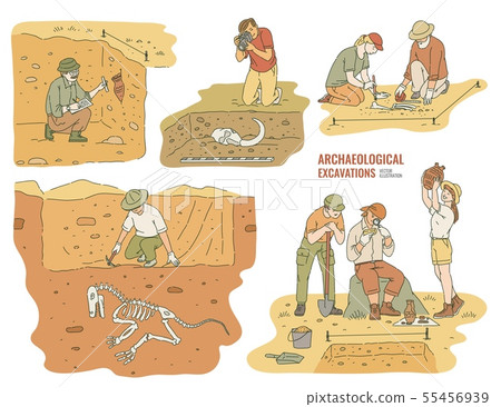 Set of archaeologists excavating historical artifacts vector illustration isolated. 55456939