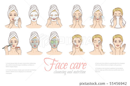 Vector woman applying facial mask, face treatment 55456942