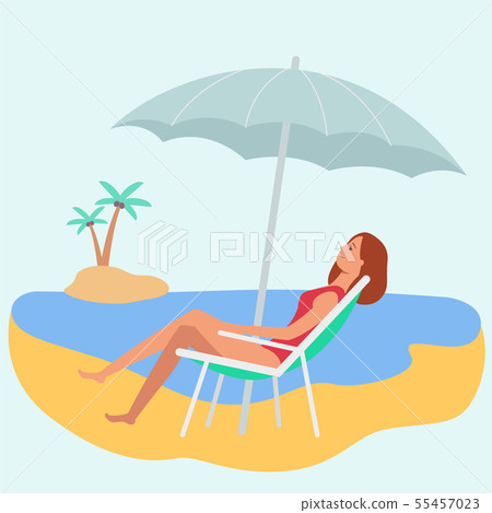Caucasian woman or a girl in a swimsuit brown hair lying in a deck chair on the beach. Caucasian woman or a girl in a swimsuit brown hair lying in a deck chair on the beach. 55457023