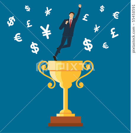 businessman standing on the trophy cup with money businessman standing on the trophy cup with money 55458591