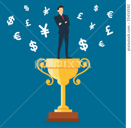 businessman standing on the trophy cup with money businessman standing on the trophy cup with money 55458592
