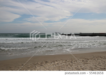Empty beach of the Black Sea in cloudy autumn Empty beach of the Black Sea in cloudy autumn 55461658