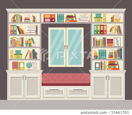 The window seat and wall of books for the home off 55461703