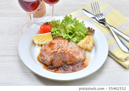 Thick pork steak, Tonteki. Pork steak. Ginger grilled. Western food image. 55462552