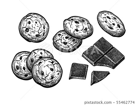 Ink sketch of chocolate chip cookie Ink sketch of chocolate chip cookie 55462774